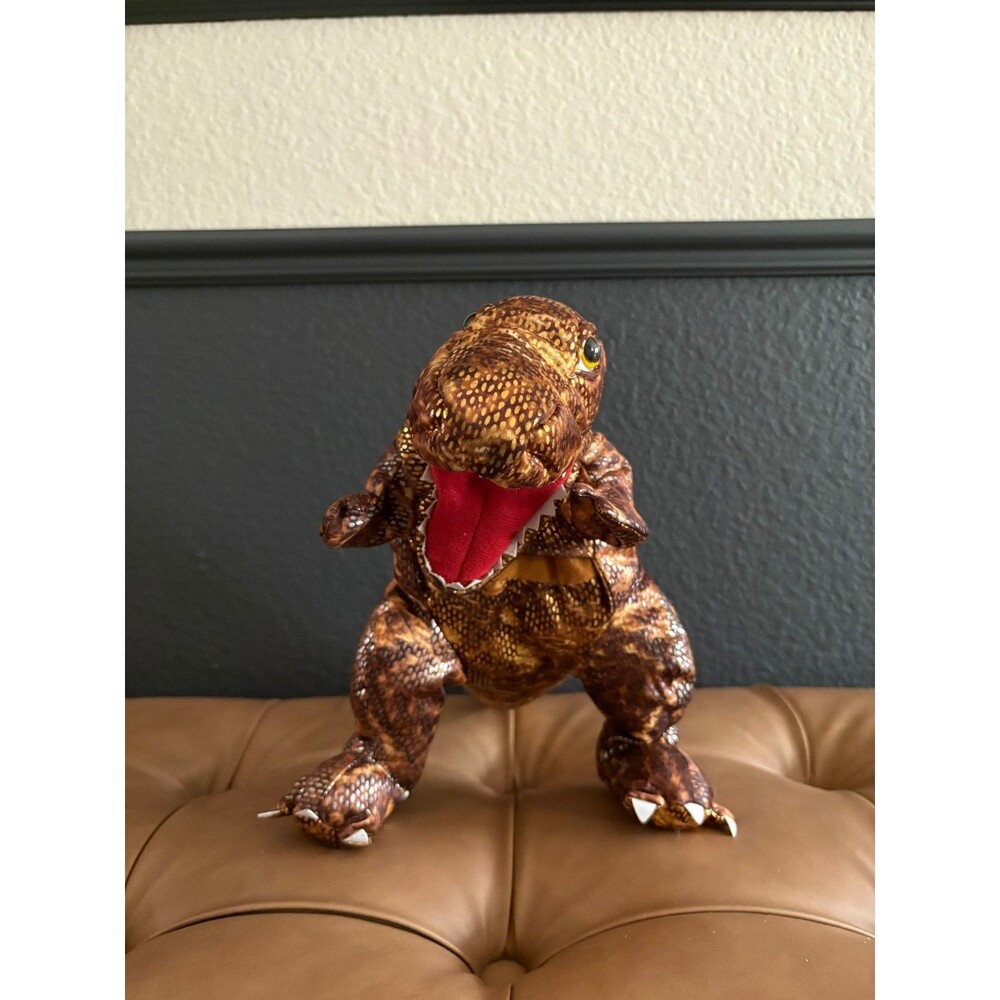 Cost Plus World Market T-Rex Dinosaur Hand Puppet Plush Shiny Metallic Bronze